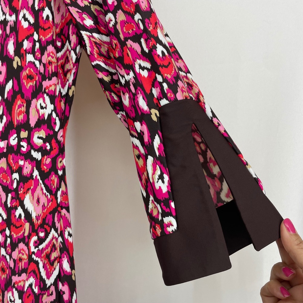 Jude Connally Size S Holly Dress Pink Brown Ikat Print Split Neck Shift Abstract - Picture 3 of 6